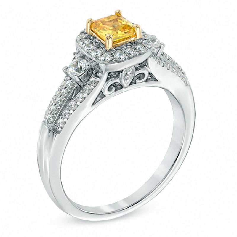 1-1/4 CT. T.W. Certified Cushion-Cut Yellow and White Diamond Past Present Future® Ring in 14K White Gold (P/SI2)