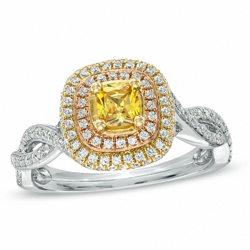 1 CT. T.W. Certified Cushion-Cut Yellow and White Diamond Engagement Ring in 14K Two-Tone Gold (P/I1)