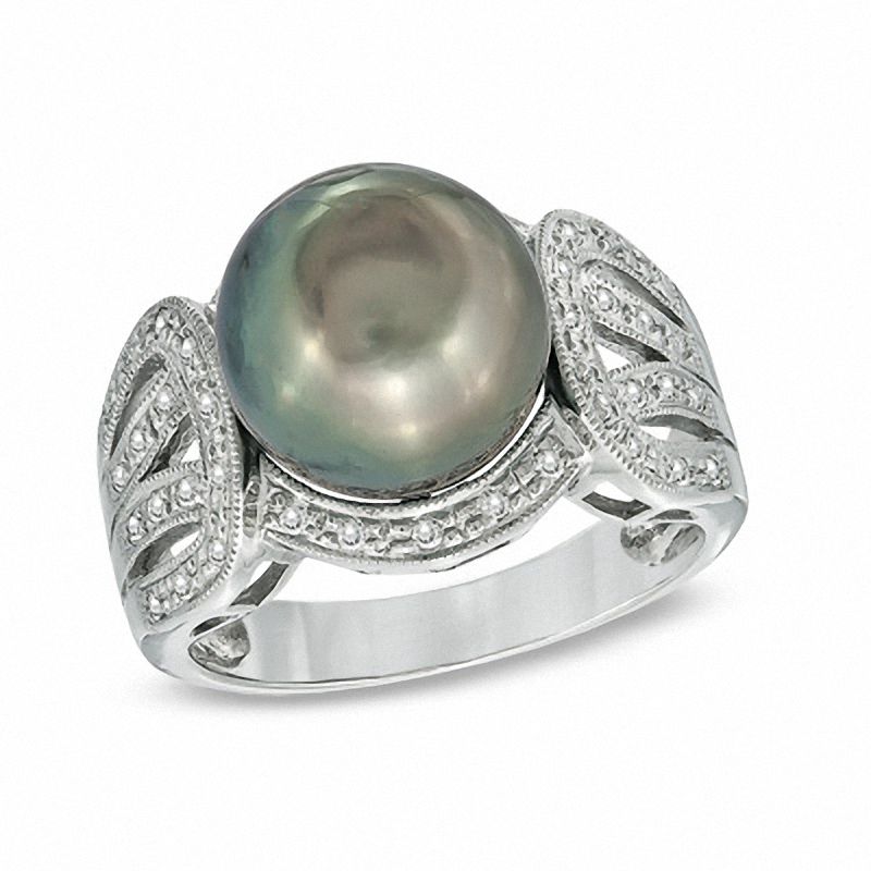 10.0 - 11.0mm Cultured Tahitian Pearl and 1/5 CT. T.W. Diamond Ring in 14K White Gold