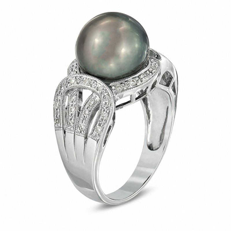 10.0 - 11.0mm Cultured Tahitian Pearl and 1/5 CT. T.W. Diamond Ring in 14K White Gold