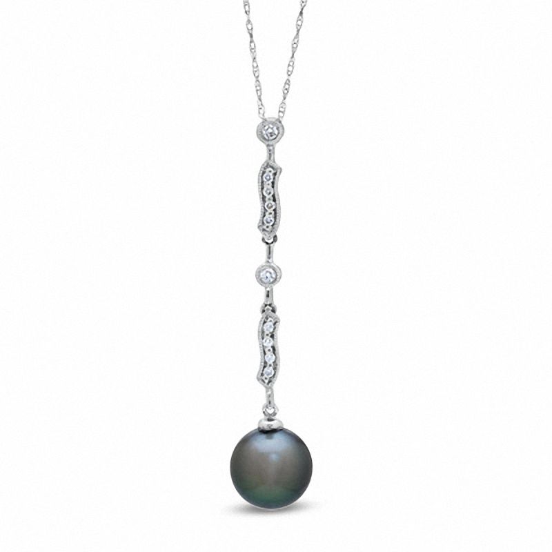 9.0 - 10.0mm Cultured Tahitian Pearl and 1/10 CT. T.W. Diamond Pendant in 14K White Gold