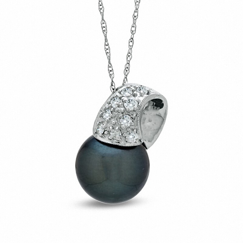 Main Image 1 of 10.0-11.0mm Tahitian Cultured Pearl and 1/6 CT. T.W. Diamond  Pendant in 14K White Gold