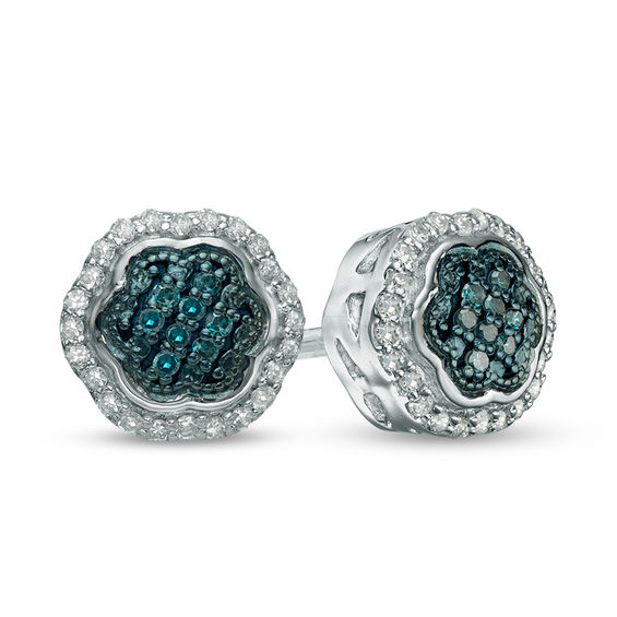 1 5 Ct T W Enhanced Blue And White Composite Diamond Flower Frame T W Enhanced Blue And White Composite Diamond Flower Frame Stud Earrings