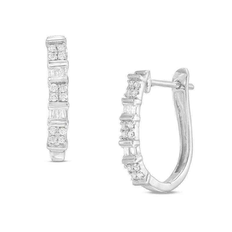 1/4 CT. T.W. Baguette and Round Diamond Alternating Hoop Earrings in 10K White Gold