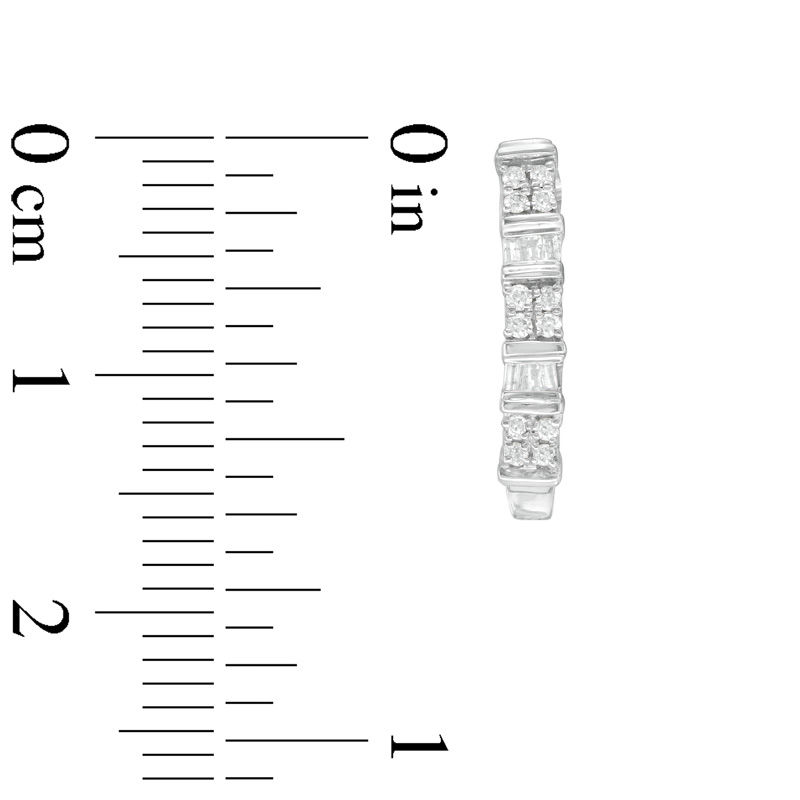 Main Image 2 of 1/4 CT. T.W. Baguette and Round Diamond Alternating Hoop Earrings in 10K White Gold