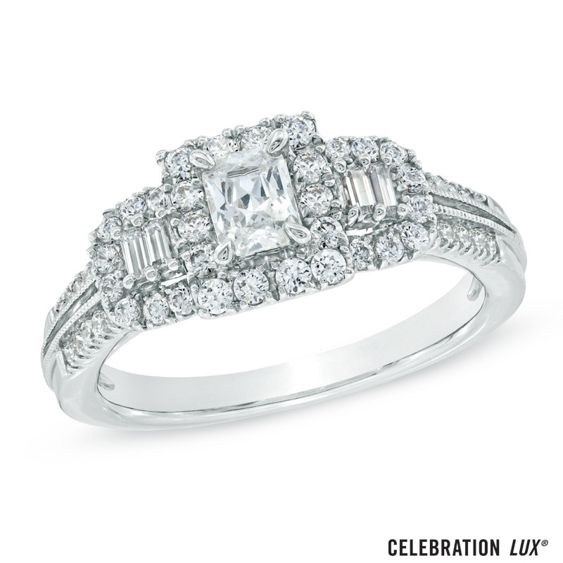 Celebration 102® 1 CT. T.W. Radiant-Cut Diamond Three Stone Frame Ring in 18K White Gold (I-SI2)