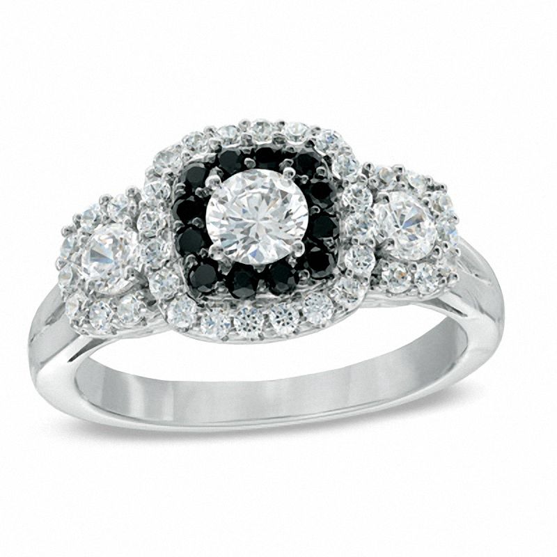 Main Image 1 of 1 CT. T.W. Enhanced Black and White Diamond Three Stone Frame Ring in 10K White Gold