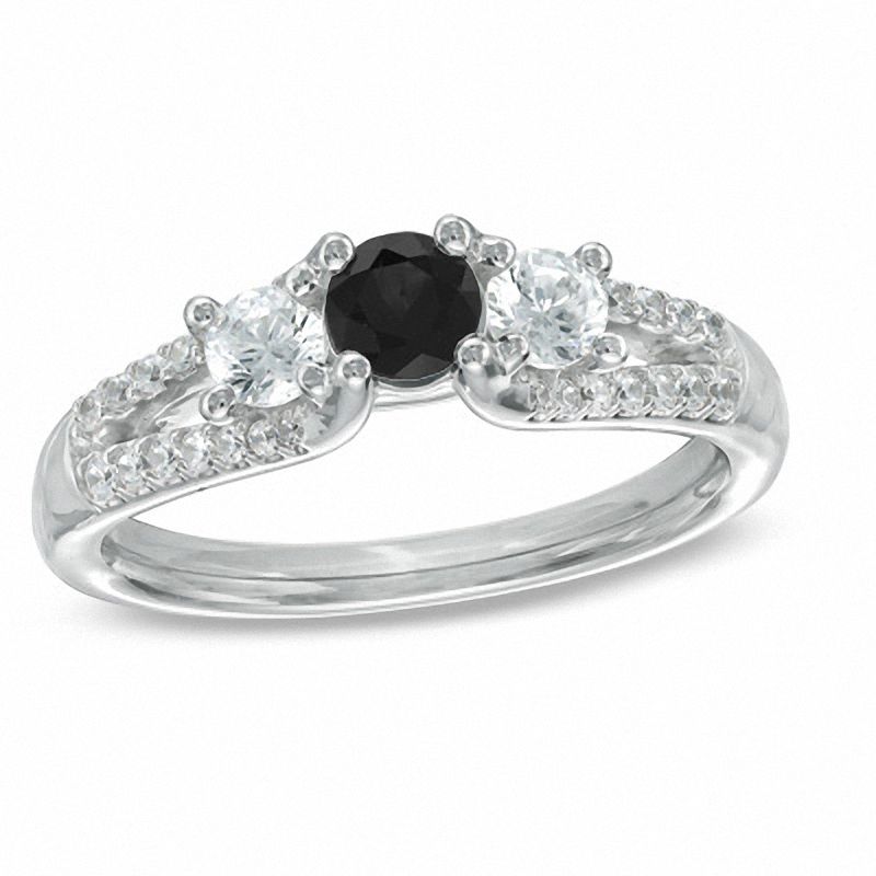 Main Image 1 of 3/4 CT. T.W. Enhanced Black and White Diamond Three Stone Engagement Ring in 14K White Gold