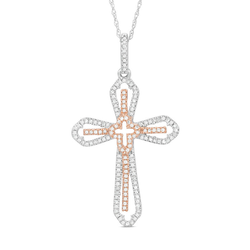 Main Image 1 of 1/5 CT. T.W. Diamond Cross Pendant in 10K Two-Tone Gold