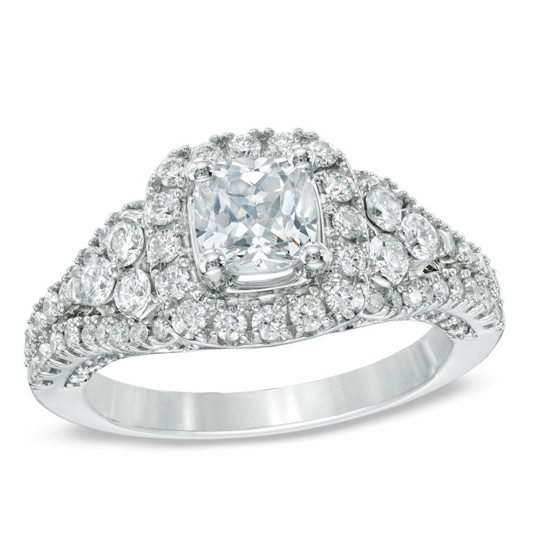Main Image 1 of 1-3/4 CT. T.W. Certified Cushion-Cut Diamond Frame Engagement Ring in 14K White Gold (I/I1)