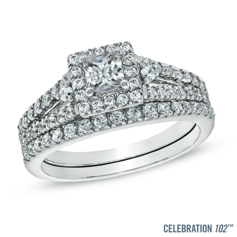 Celebration 102® 1 CT. T.W. Princess-Cut Frame Diamond Bridal Set in 18K White Gold (I/SI2)