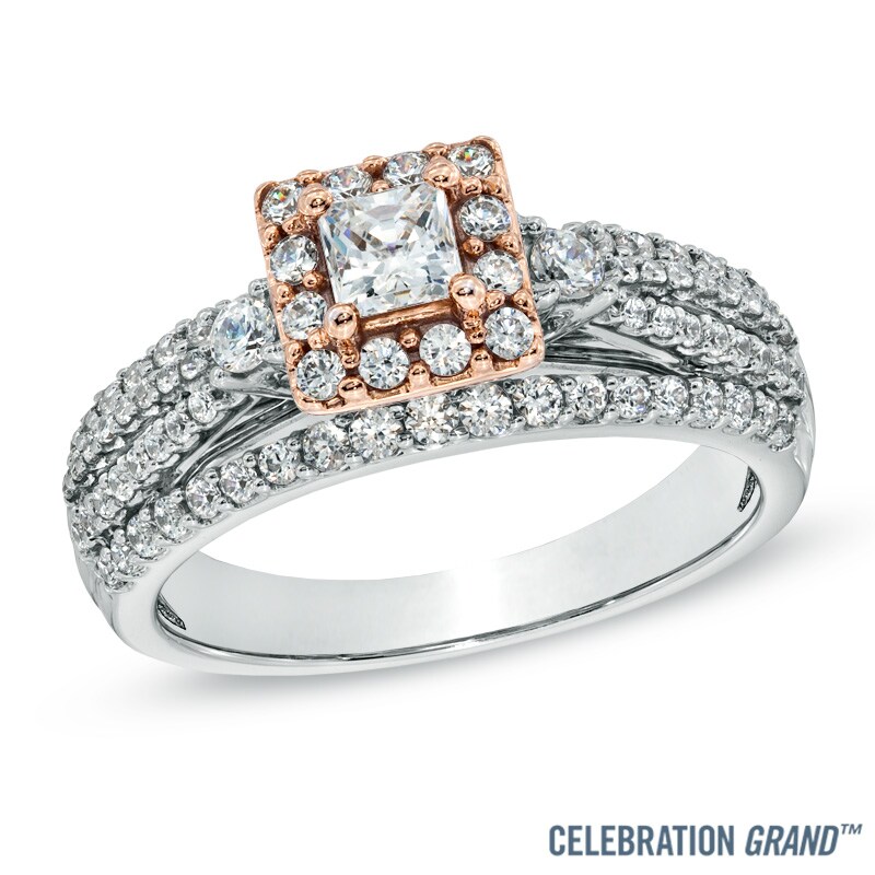 Main Image 1 of Celebration Ideal 1 CT. T.W. Princess-Cut Diamond Frame Engagement Ring in 14K Two-Tone Gold (I/I1)