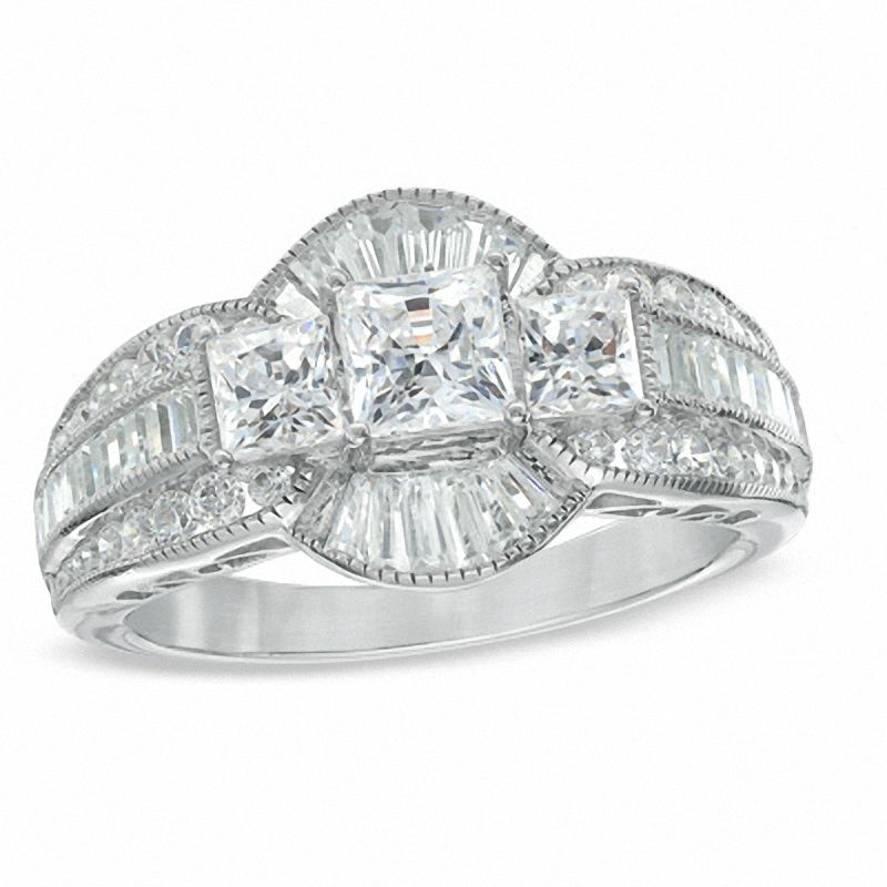 Main Image 1 of 2 CT. T.W. Princess-Cut Diamond Three Stone Framed Engagement Ring in 14K White Gold