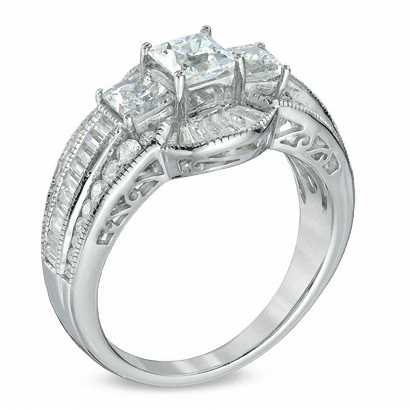 Main Image 2 of 2 CT. T.W. Princess-Cut Diamond Three Stone Framed Engagement Ring in 14K White Gold