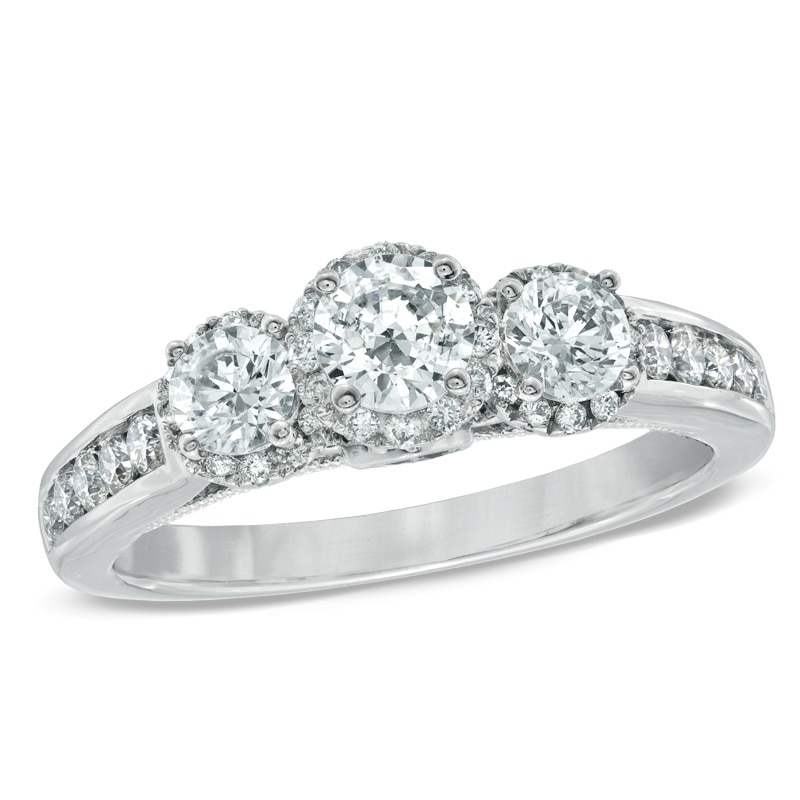 Celebration Ideal 1-1/5 CT. T.W. Diamond Three Stone Vintage-Style Engagement Engagement Ring in 14K White Gold (I/I1)