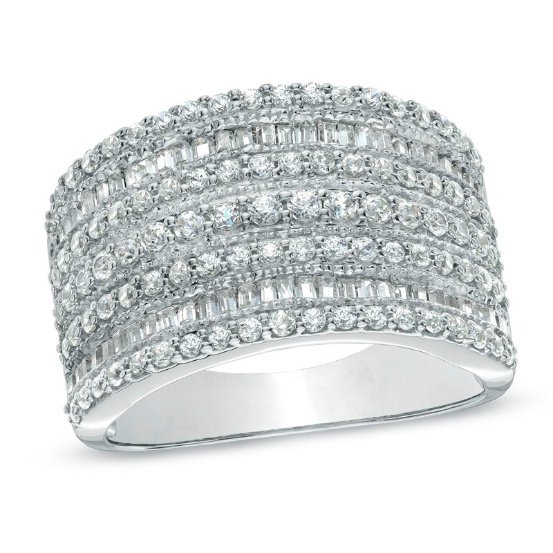 1 CT. T.W. Baguette and Round Diamond Multi-Row Ring in 10K White Gold