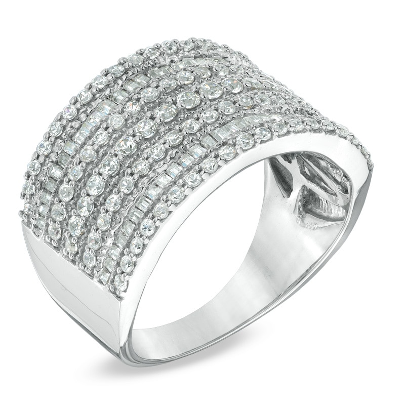 1 CT. T.W. Baguette and Round Diamond Multi-Row Ring in 10K White Gold
