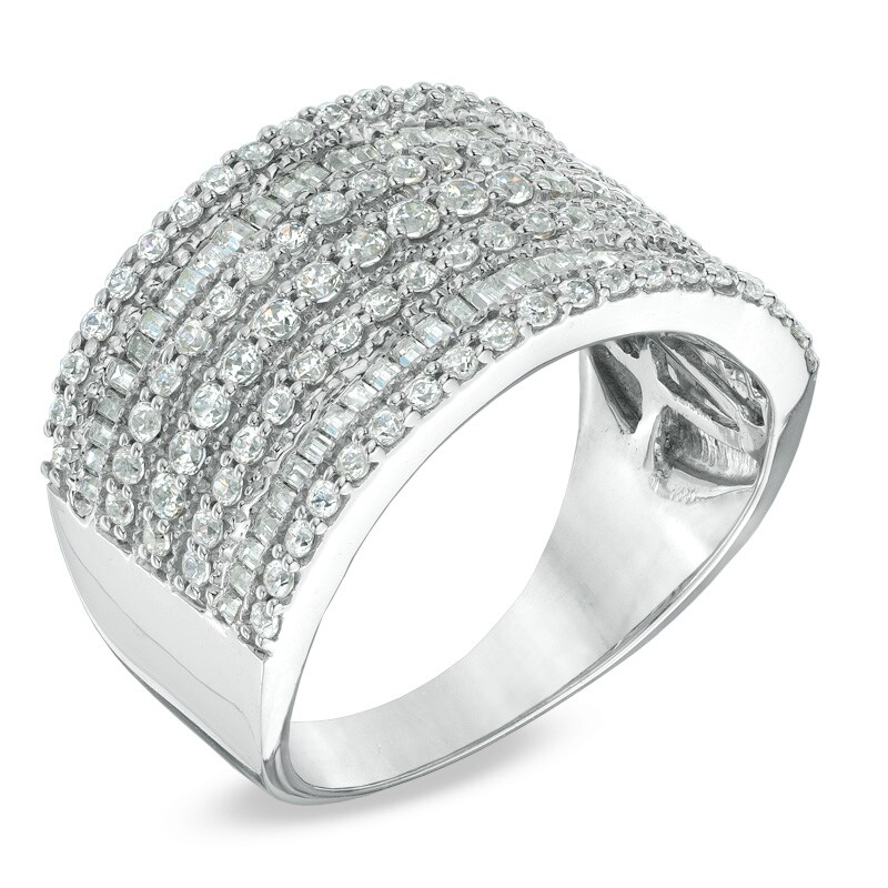 Main Image 2 of 1 CT. T.W. Baguette and Round Diamond Multi-Row Ring in 10K White Gold
