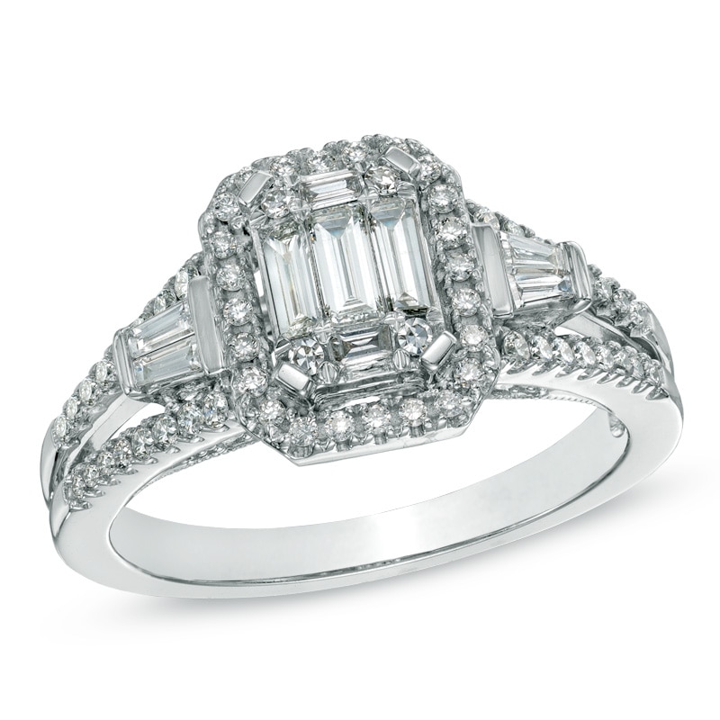 3/4 CT. T.W. Multi-Baguette Diamond Frame Engagement Ring in 14K White Gold