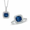 Thumbnail Image 1 of 7.0mm Cushion-Cut Lab-Created Blue and White Sapphire Frame Pendant and Ring Set in Sterling Silver - Size 7