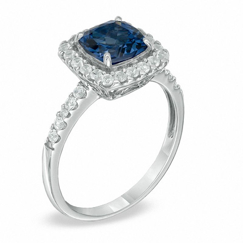 7.0mm Cushion-Cut Lab-Created Blue and White Sapphire Frame Pendant and Ring Set in Sterling Silver - Size 7