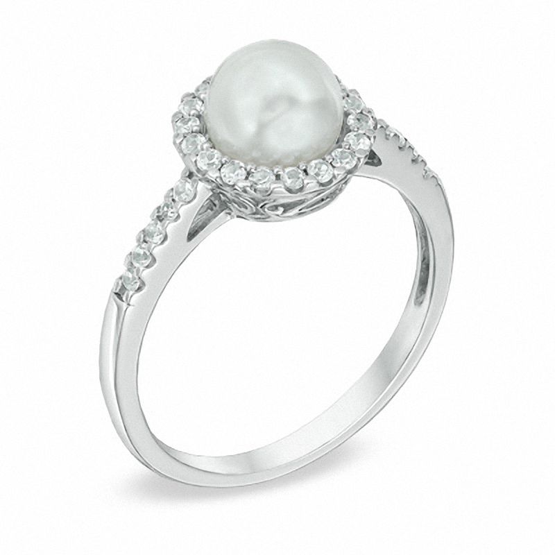 Main Image 2 of 6.5-7.0mm Freshwater Cultured Pearl and Lab-Created White Sapphire Pendant and Ring Set in Sterling Silver-Size 7