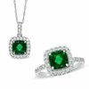 Thumbnail Image 1 of 7.0mm Cushion-Cut Lab-Created Emerald and White Sapphire Frame Pendant and Ring Set in Sterling Silver - Size 7
