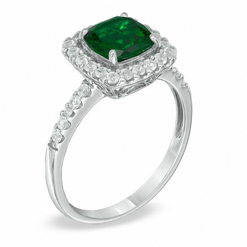 Main Image 2 of 7.0mm Cushion-Cut Lab-Created Emerald and White Sapphire Frame Pendant and Ring Set in Sterling Silver - Size 7