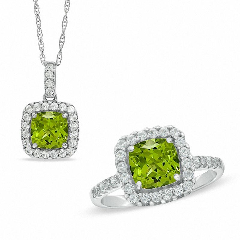 Main Image 1 of 7.0mm Cushion-Cut Lab-Created Peridot and White Sapphire Frame Pendant and Ring Set in Sterling Silver - Size 7