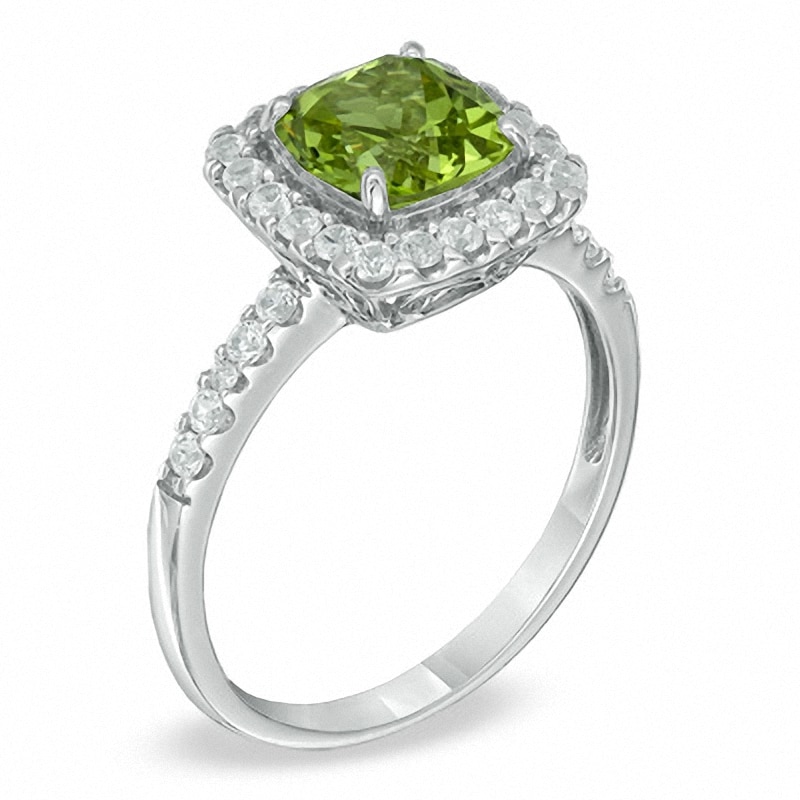 7.0mm Cushion-Cut Lab-Created Peridot and White Sapphire Frame Pendant and Ring Set in Sterling Silver - Size 7