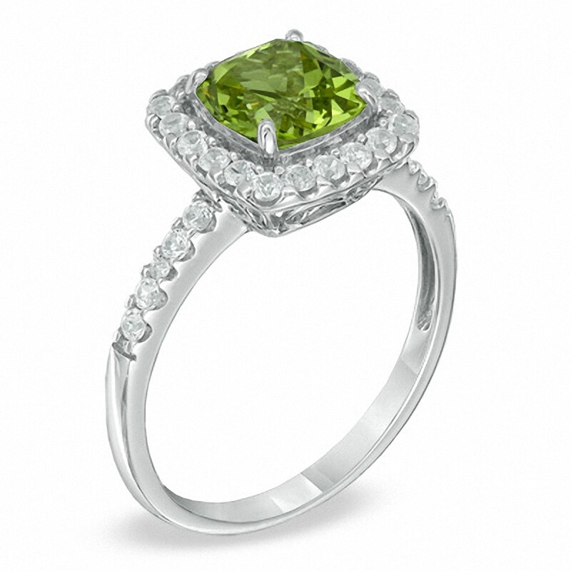 Main Image 2 of 7.0mm Cushion-Cut Lab-Created Peridot and White Sapphire Frame Pendant and Ring Set in Sterling Silver - Size 7