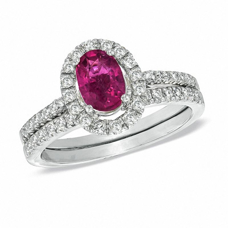 Oval Pink Tourmaline and 1/2 CT. T.W. Diamond Bridal Set in 14K White Gold