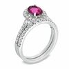 Thumbnail Image 1 of Oval Pink Tourmaline and 1/2 CT. T.W. Diamond Bridal Set in 14K White Gold
