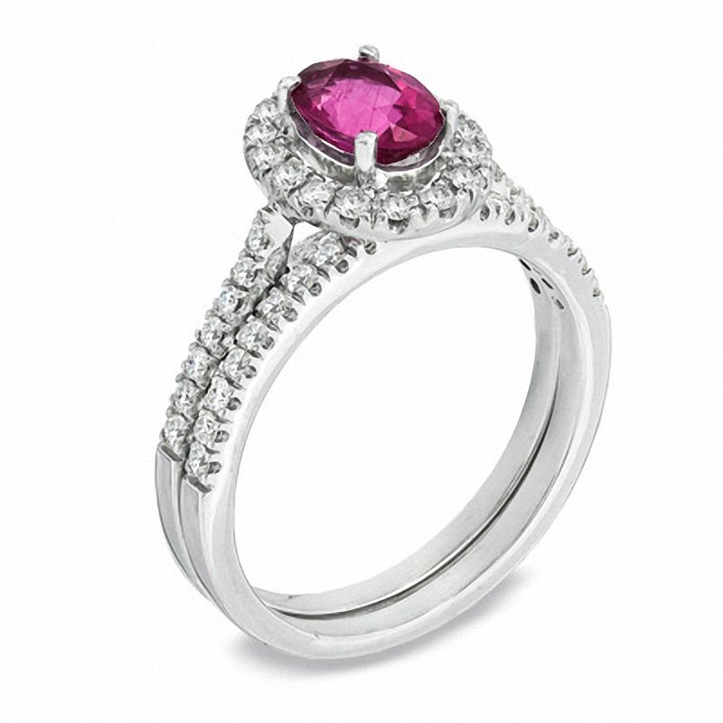 Oval Pink Tourmaline and 1/2 CT. T.W. Diamond Bridal Set in 14K White Gold
