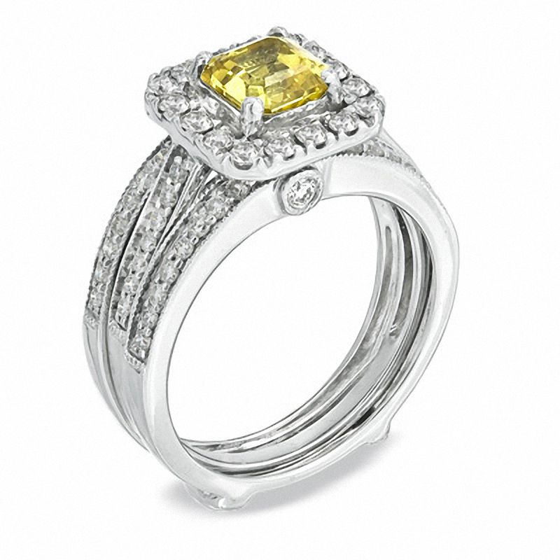 Cushion-Cut Yellow Sapphire and 1 CT. T.W. Diamond Bridal Set in 14K White Gold