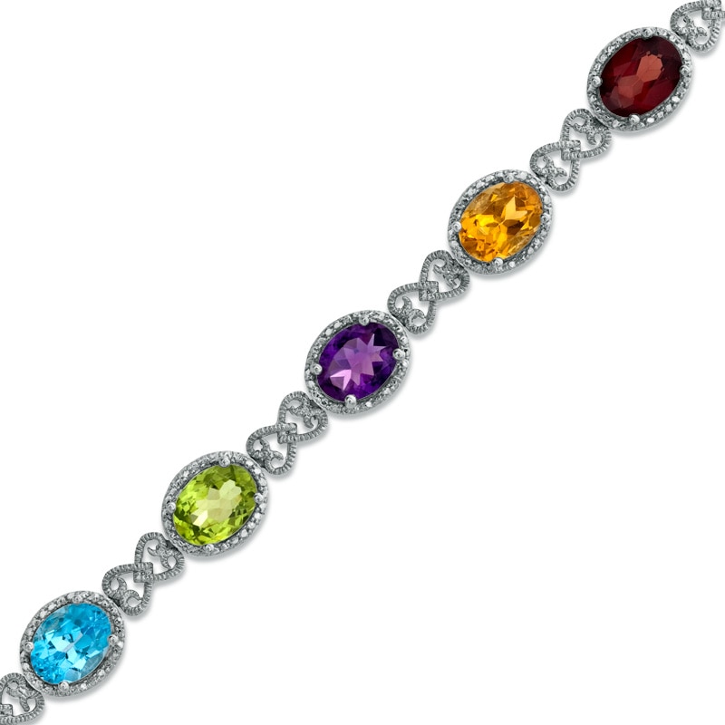 Main Image 1 of Oval Multi-Gemstone Vintage-Style Bracelet in Sterling Silver - 7.25"