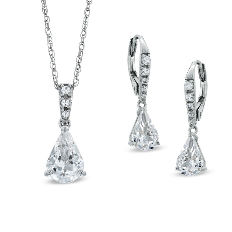 Main Image 1 of Pear-Shaped Lab-Created White Sapphire Pendant and Earrings Set in Sterling Silver