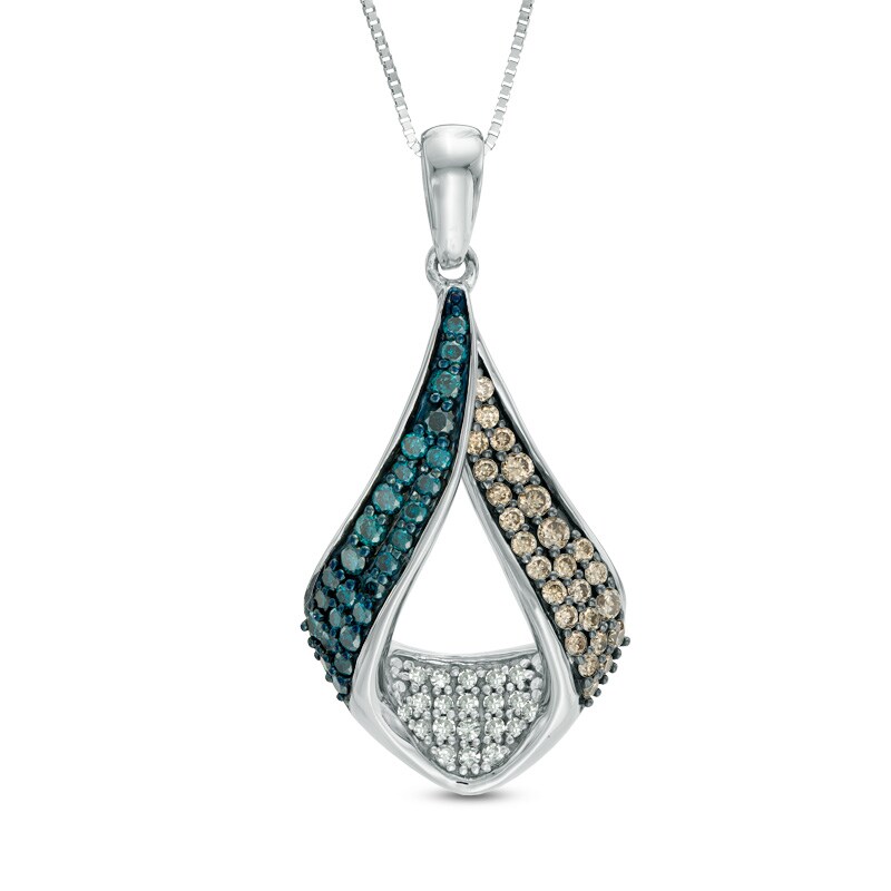 Main Image 1 of 1/2 CT. T.W. Enhanced Blue, Champagne, and White Diamond Flame Pendant in 10K White Gold