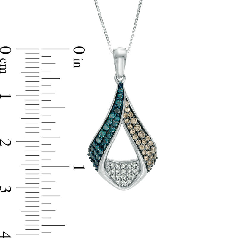 1/2 CT. T.W. Enhanced Blue, Champagne, and White Diamond Flame Pendant in 10K White Gold