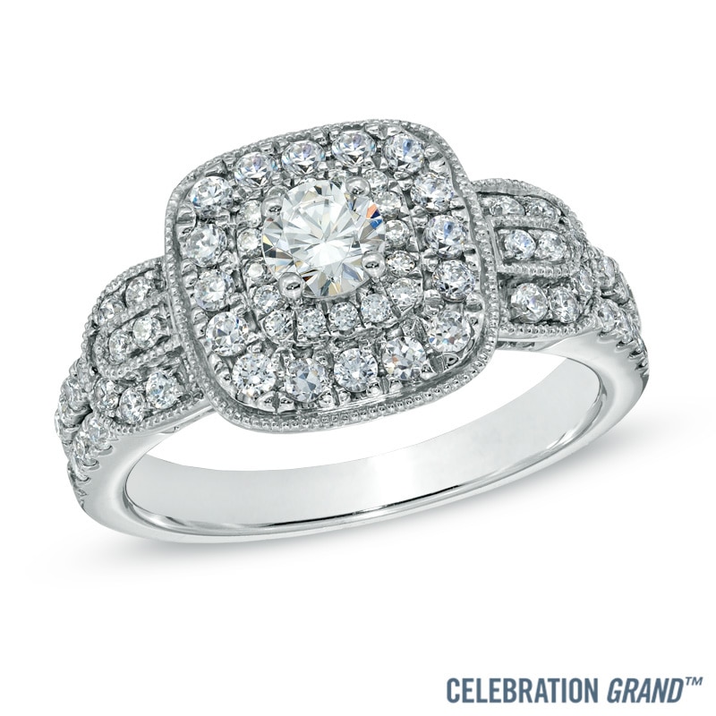 Celebration Ideal 1 CT. T.W. Diamond Frame Vintage-Style Engagement Ring in 14K White Gold (I/I1)