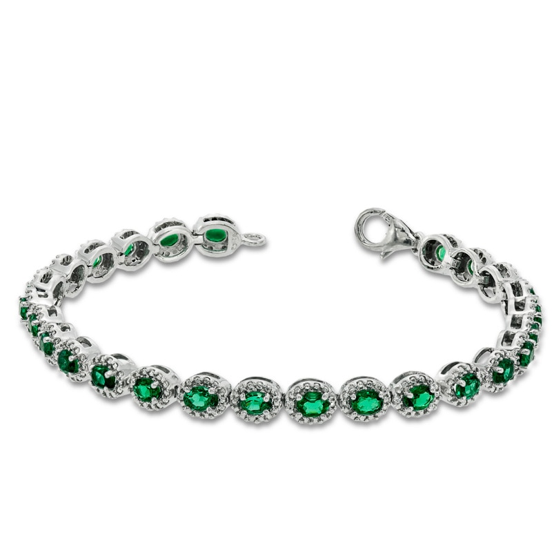 Main Image 2 of Oval Lab-Created Emerald and Diamond Accent Frame Bracelet in Sterling Silver - 7.5"
