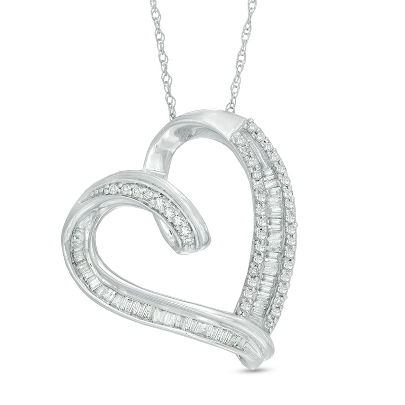Main Image 1 of 1/2 CT. T.W. Baguette and Round Diamond Tilted Loop Heart Pendant in 10K White Gold