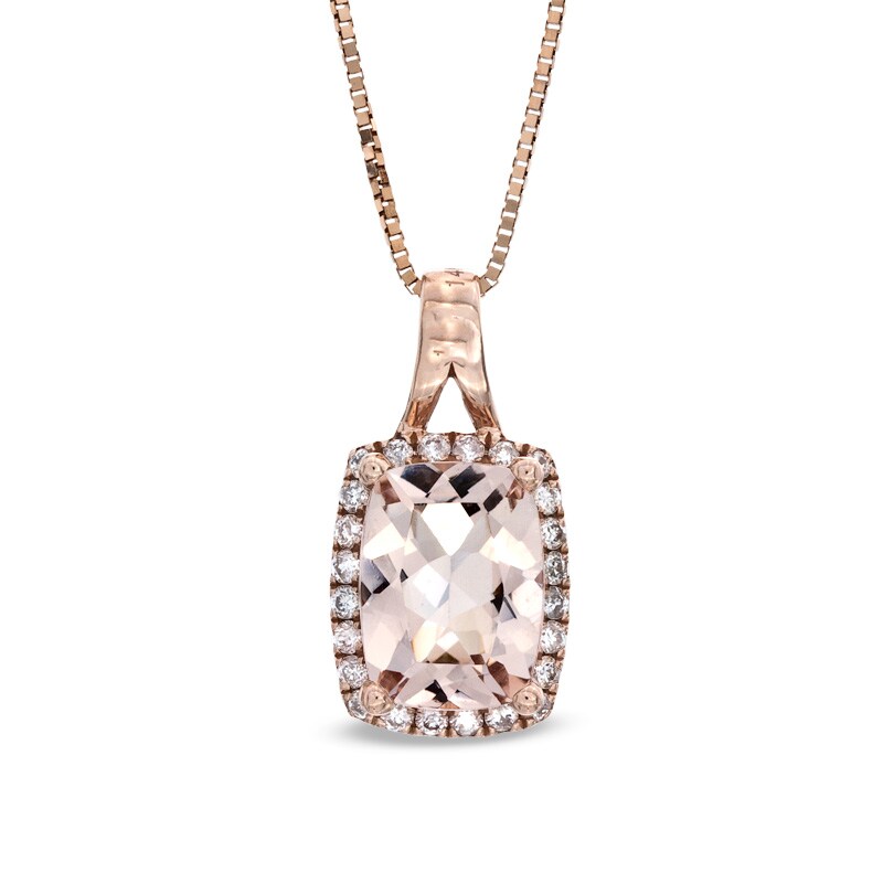 Main Image 1 of Cushion-Cut Morganite and 1/8 CT. T.W. Diamond Frame Pendant in 14K Rose Gold