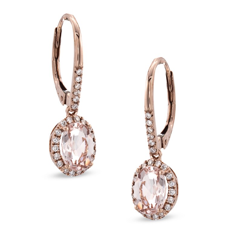 Oval Morganite and 1/6 CT. T.W. Diamond Frame Earrings in 14K Rose Gold