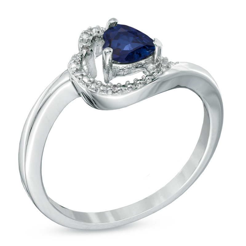Main Image 2 of 5.0mm Sideways Heart-Shaped Lab-Created Blue Sapphire and Diamond Accent Promise Ring in Sterling Silver