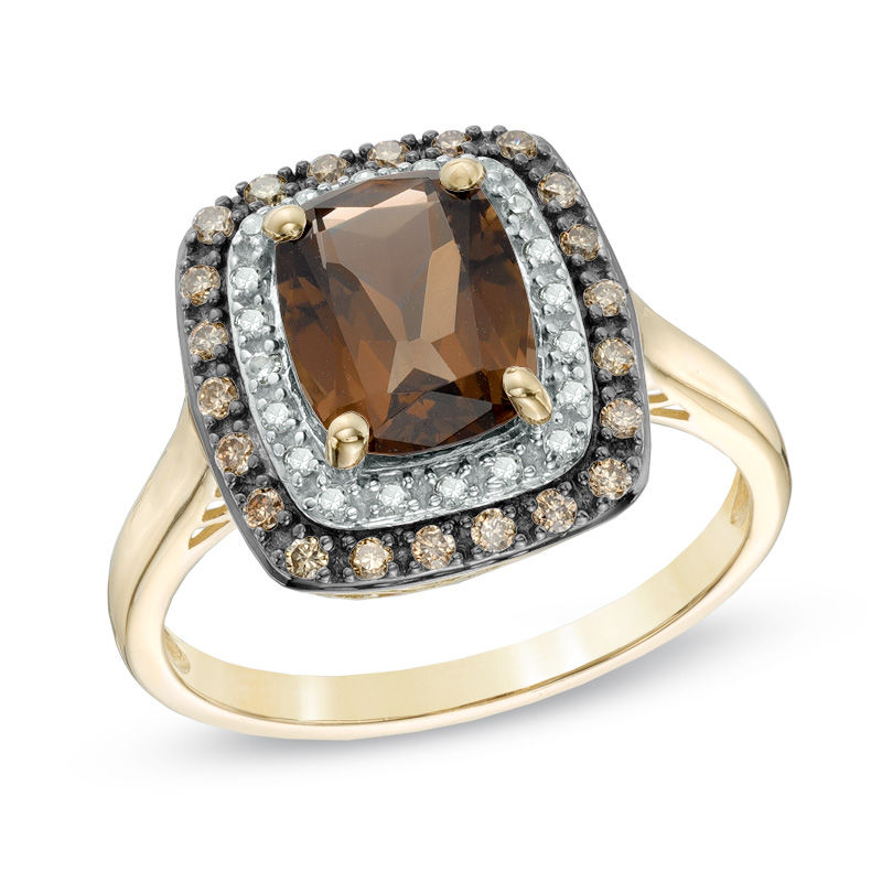 Main Image 1 of Cushion-Cut Smoky Quartz and 1/5 CT. T.W. Champagne and White Diamond Frame Ring in 10K Gold