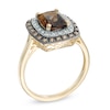 Thumbnail Image 1 of Cushion-Cut Smoky Quartz and 1/5 CT. T.W. Champagne and White Diamond Frame Ring in 10K Gold