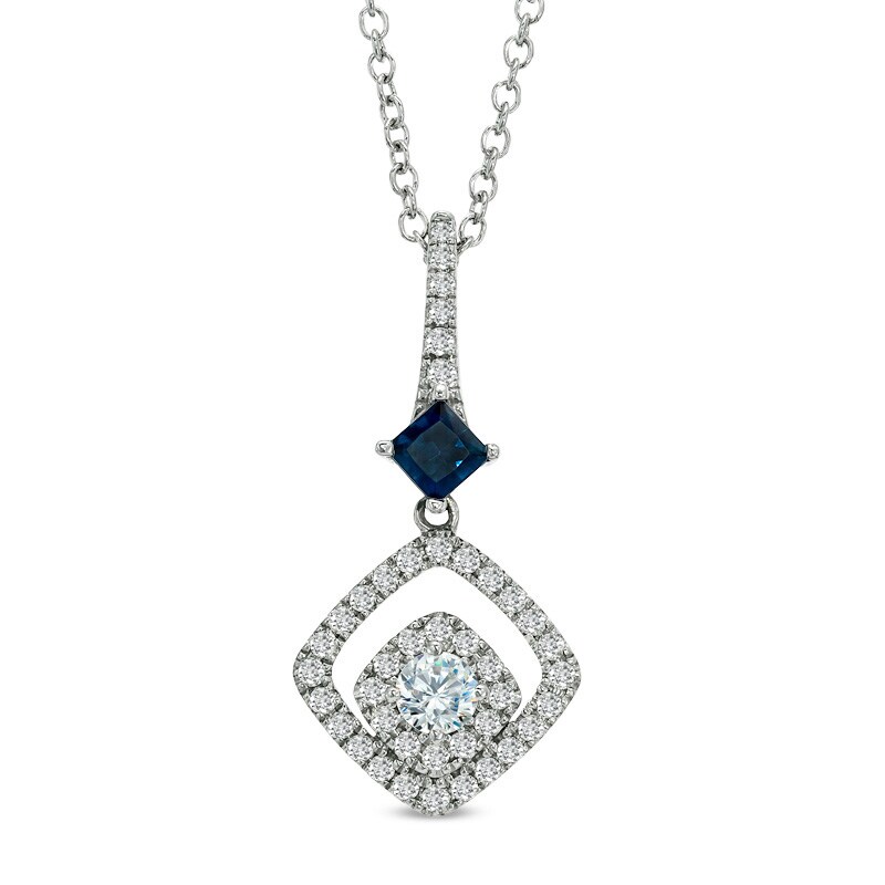 Vera Wang Love Collection 1/2 CT. T.W. Diamond and Blue Sapphire Drop Pendant in 14K White Gold