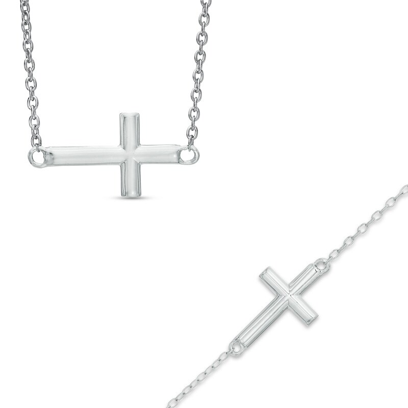 Main Image 1 of Sideways Cross Necklace and Bracelet Set in Sterling Silver
