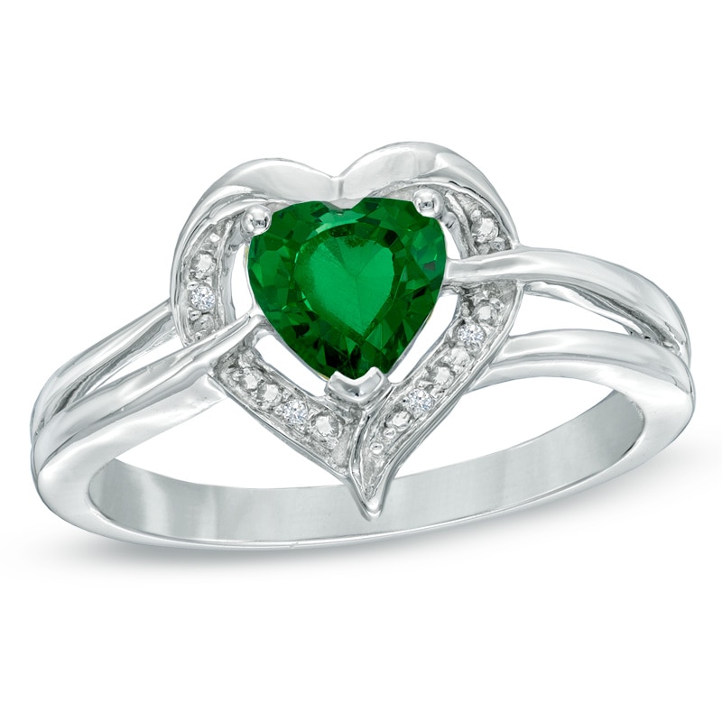 Main Image 1 of 6.0mm Heart-Shaped Lab-Created Emerald and Diamond Accent Ring in Sterling Silver